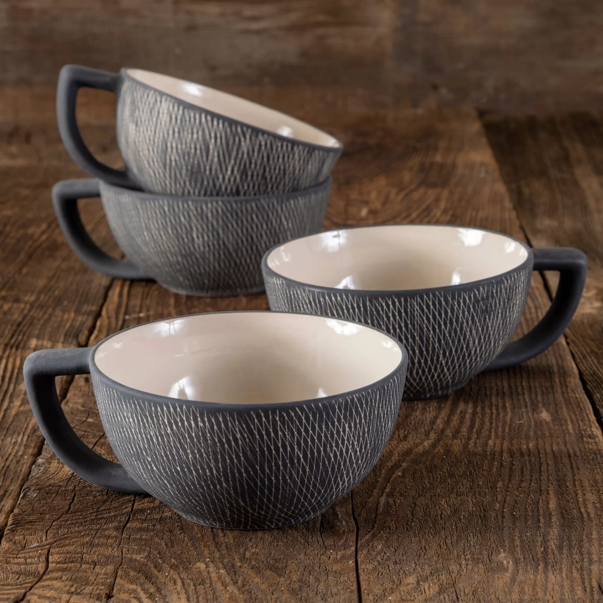 Black Crosshatch Latte Mugs, Set of 4^Be Home Best Sale