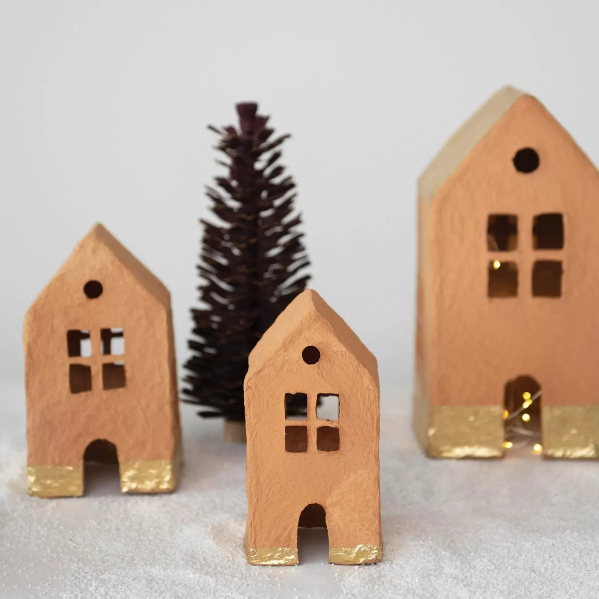 Handmade Paper Mache Houses with Gold Foil, Terracotta, Set of 3^Be Home Best