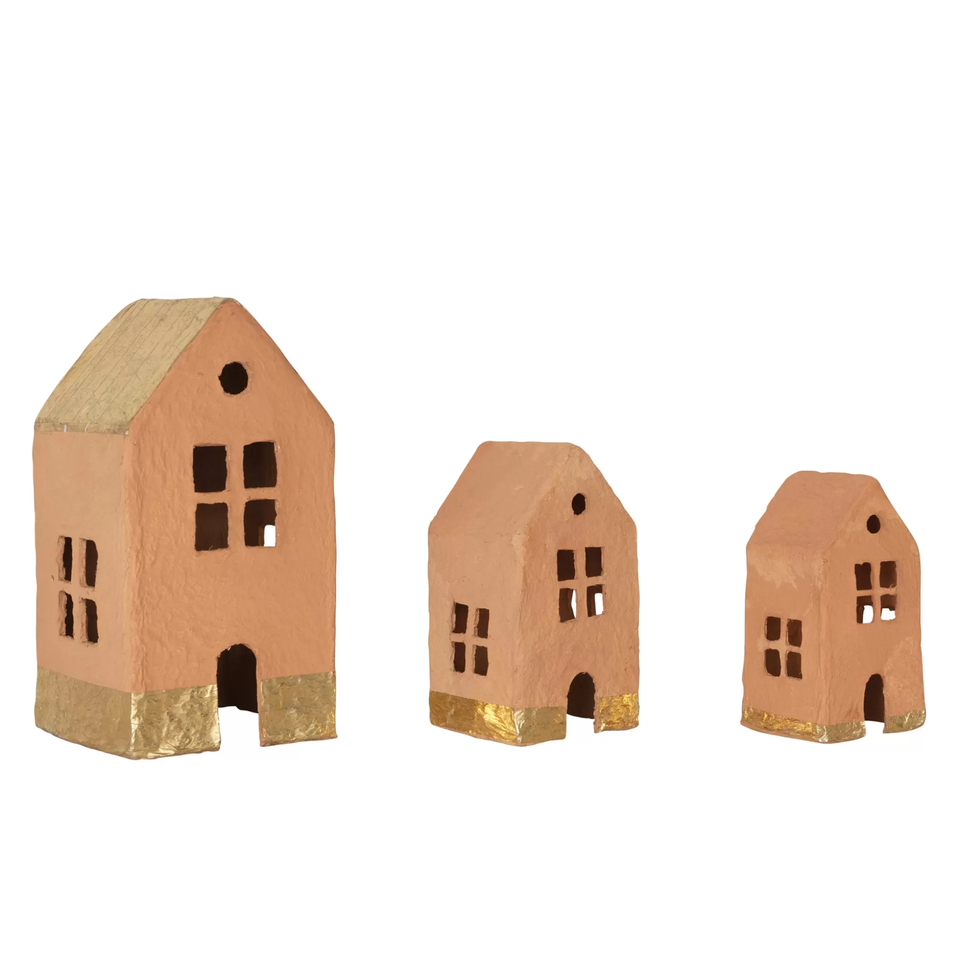 Handmade Paper Mache Houses with Gold Foil, Terracotta, Set of 3^Be Home Best