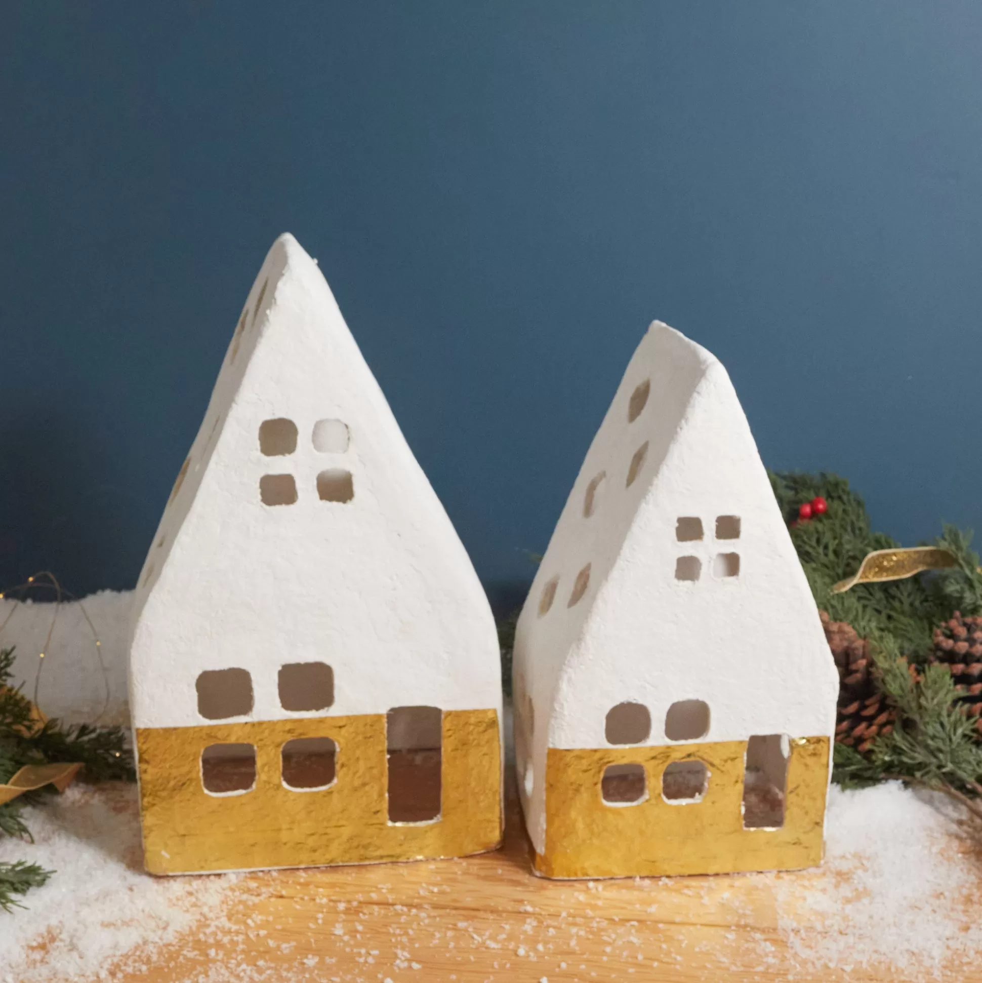 Handmade Paper Mache  Houses with Gold Foil, White, Set of 2^Be Home Flash Sale