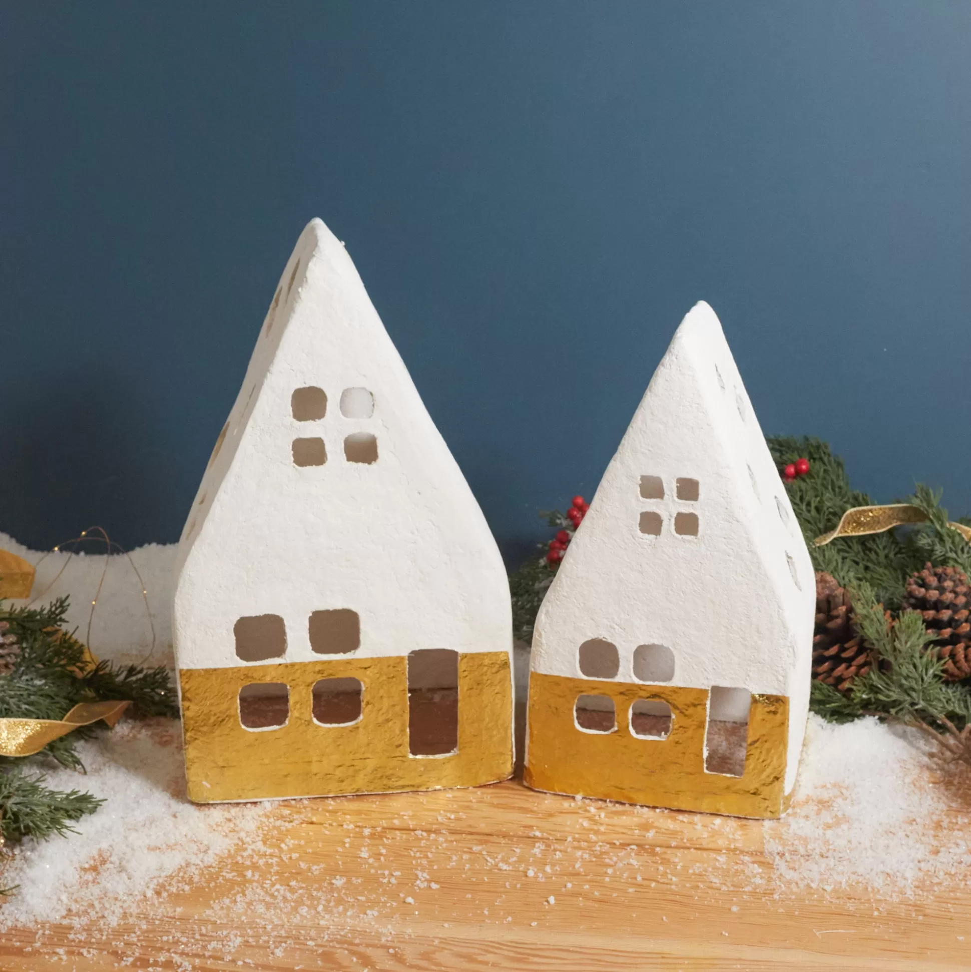 Handmade Paper Mache  Houses with Gold Foil, White, Set of 2^Be Home Flash Sale