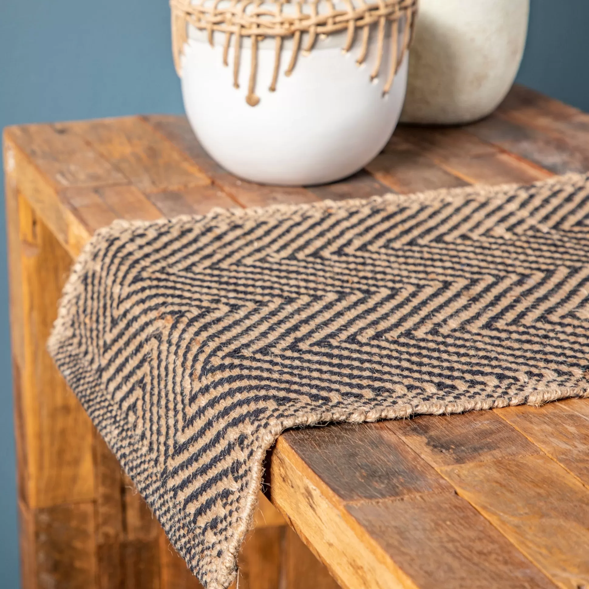 Jute & Cotton Table Runner with Chevron Pattern^Be Home Best