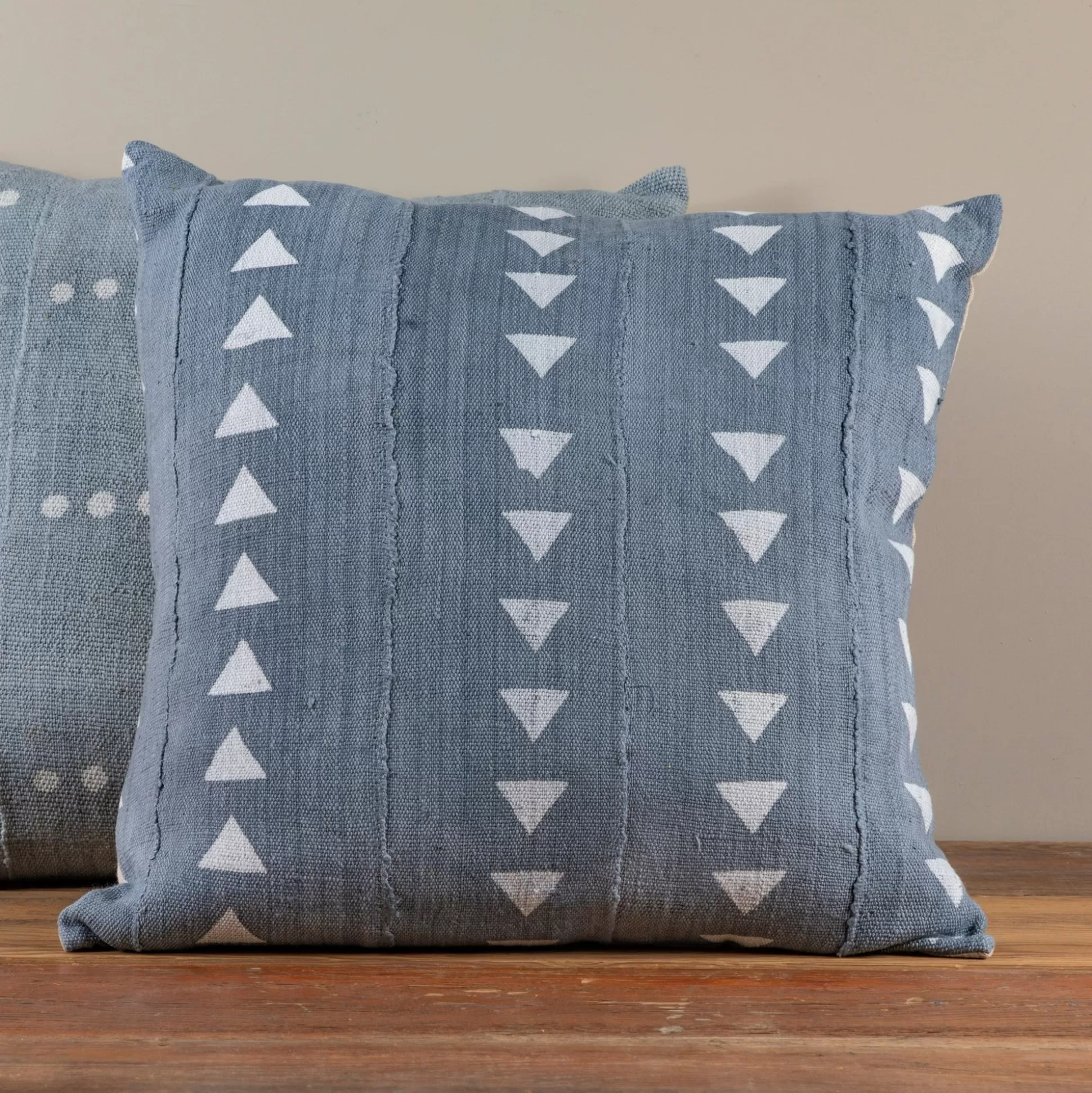 Mud Cloth Square Pillow, Blue / Grey with Triangles^Be Home New