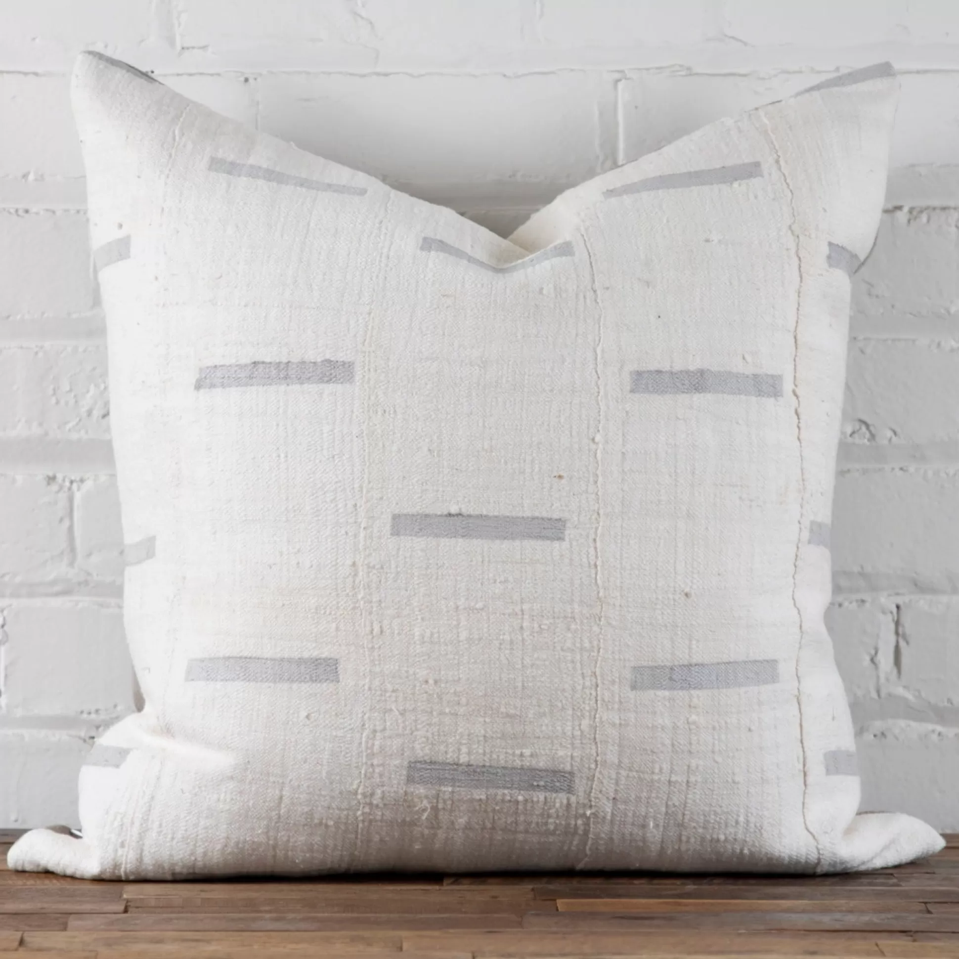 Mud Cloth Square Pillow, White with Grey Dashes^Be Home Outlet