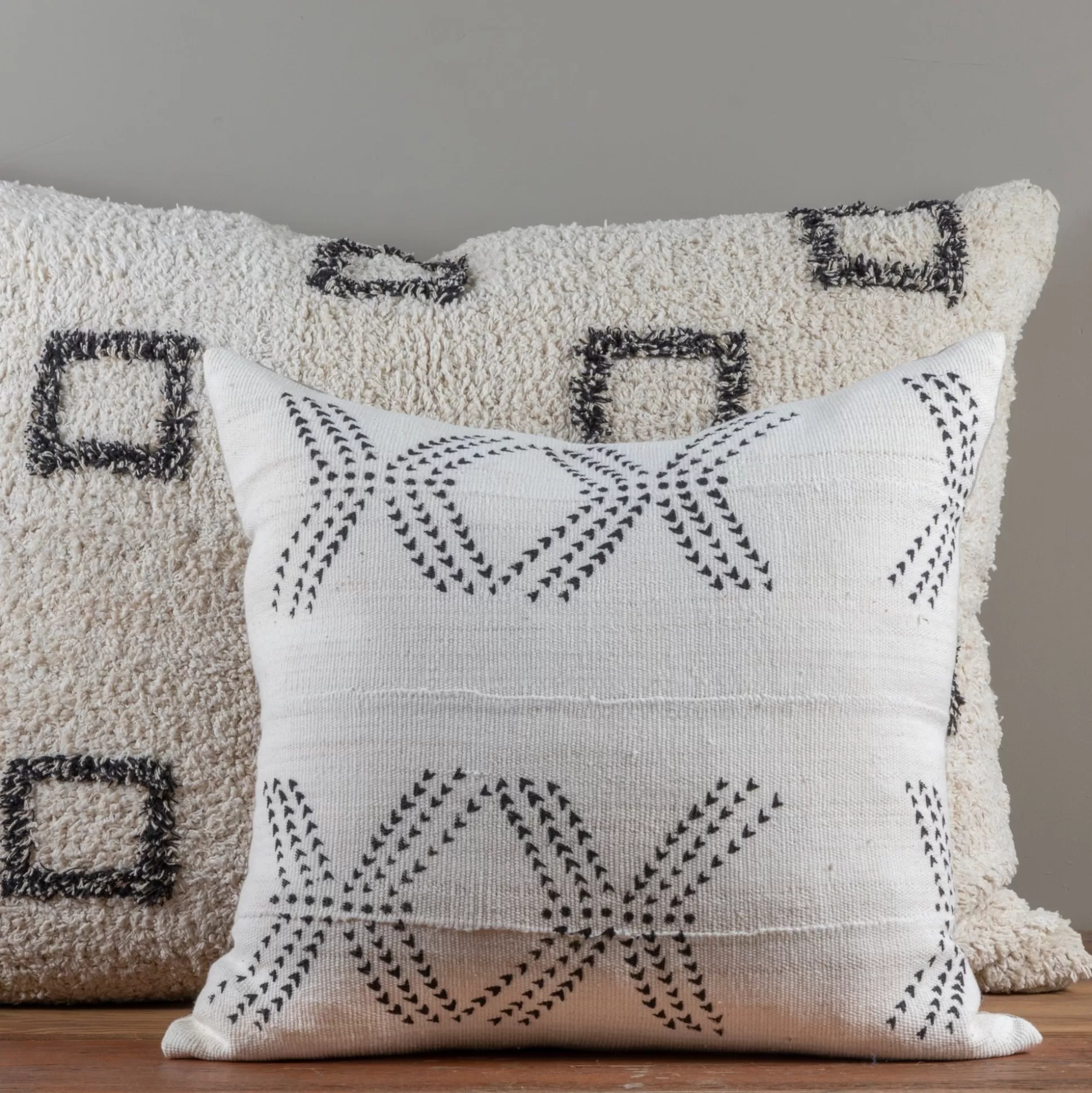 Mud Cloth Square Pillow, White with Tracks^Be Home Fashion