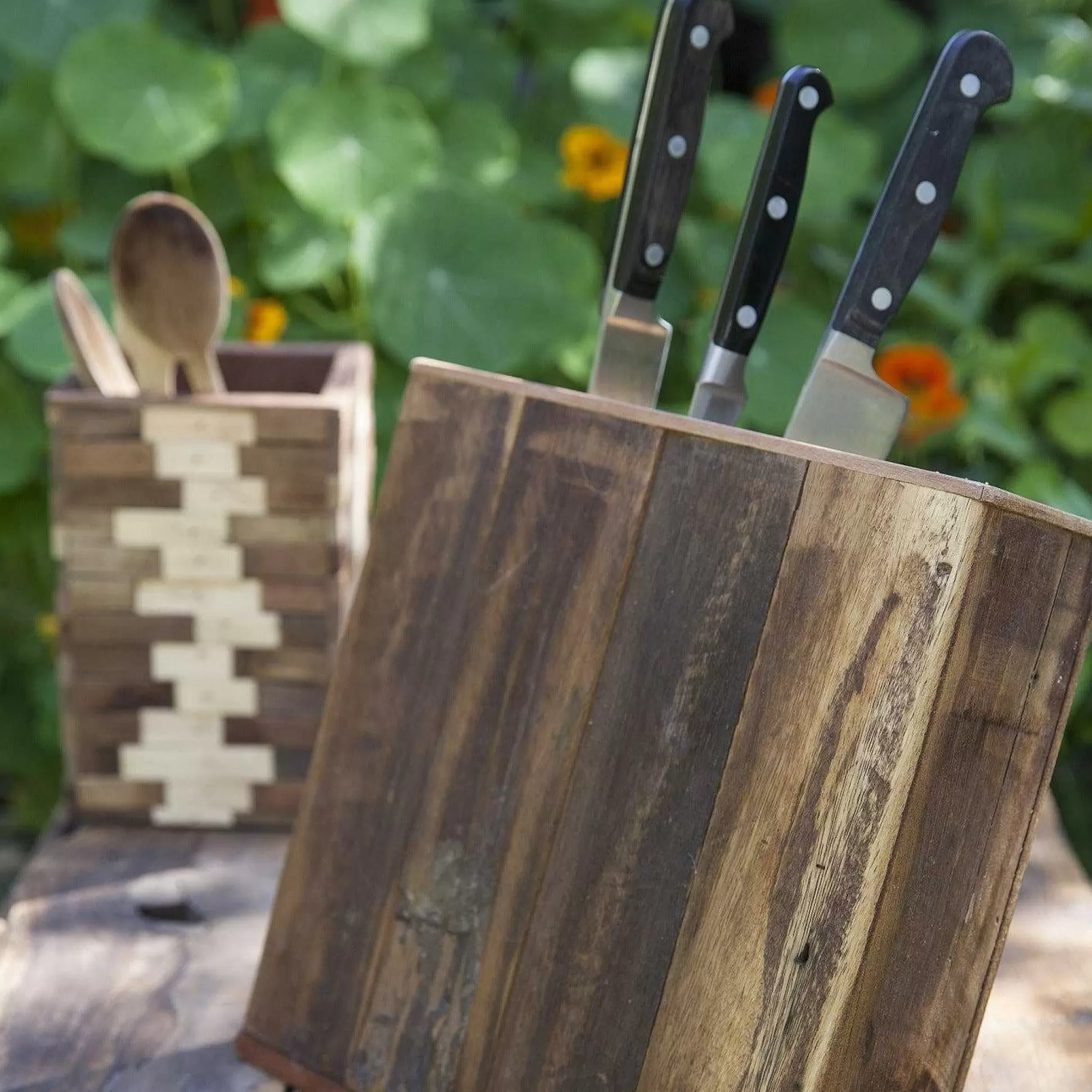 Be Home Cooking Prep<Reclaimed Wood Angled Rectangular Knife Block