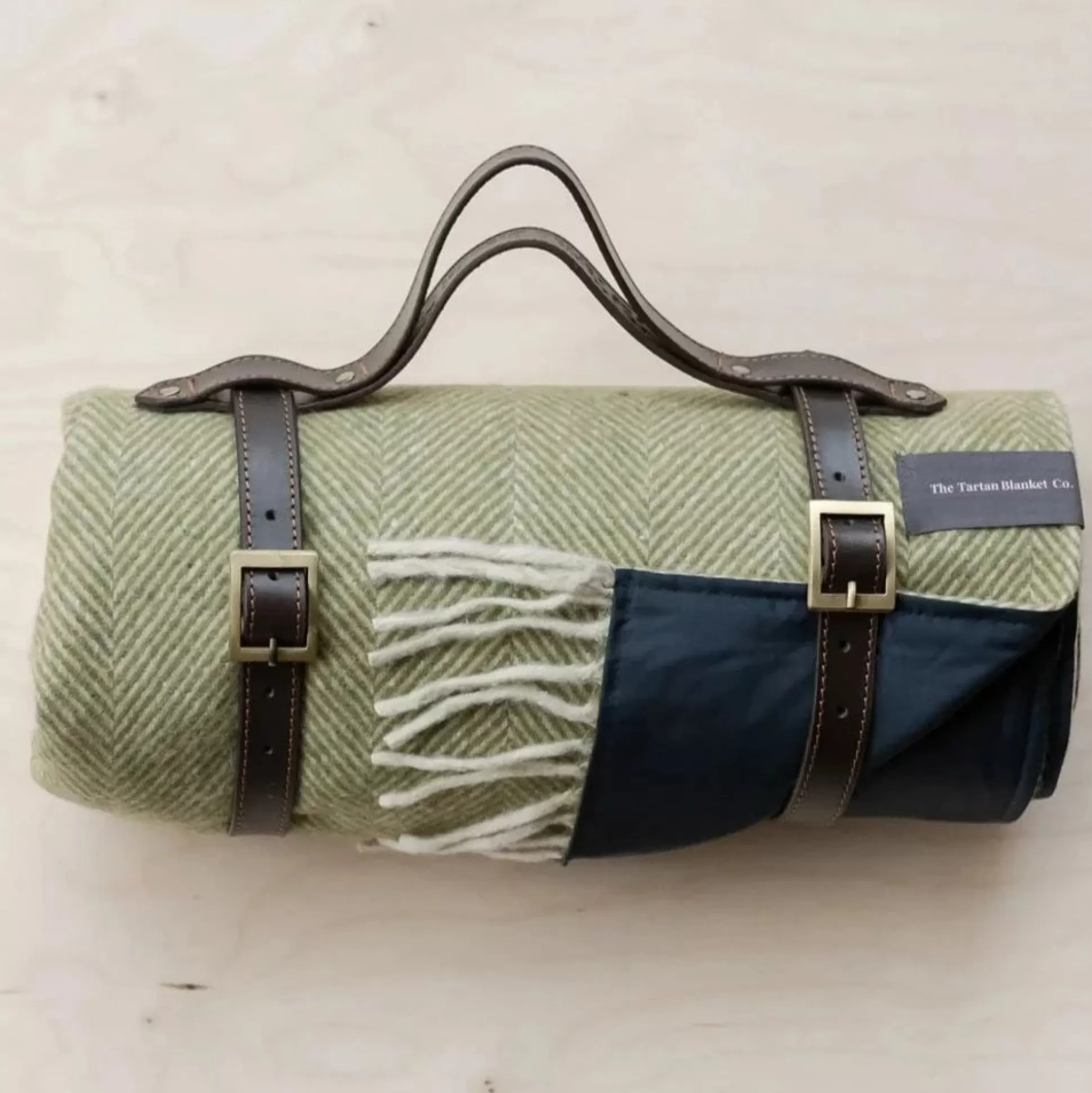 Recycled Wool Waterproof Picnic Blanket in Olive Herringbone^Be Home Outlet