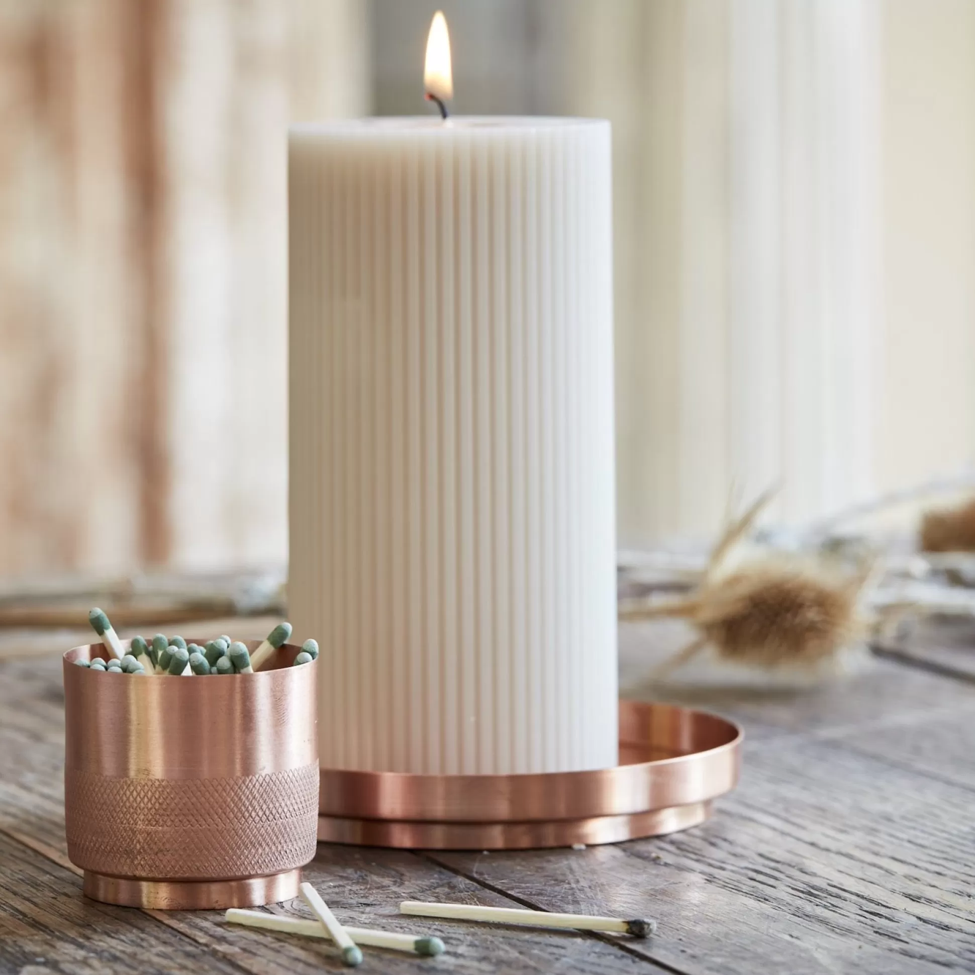 Ribbed Pillar Candle, Parchment^Be Home Cheap