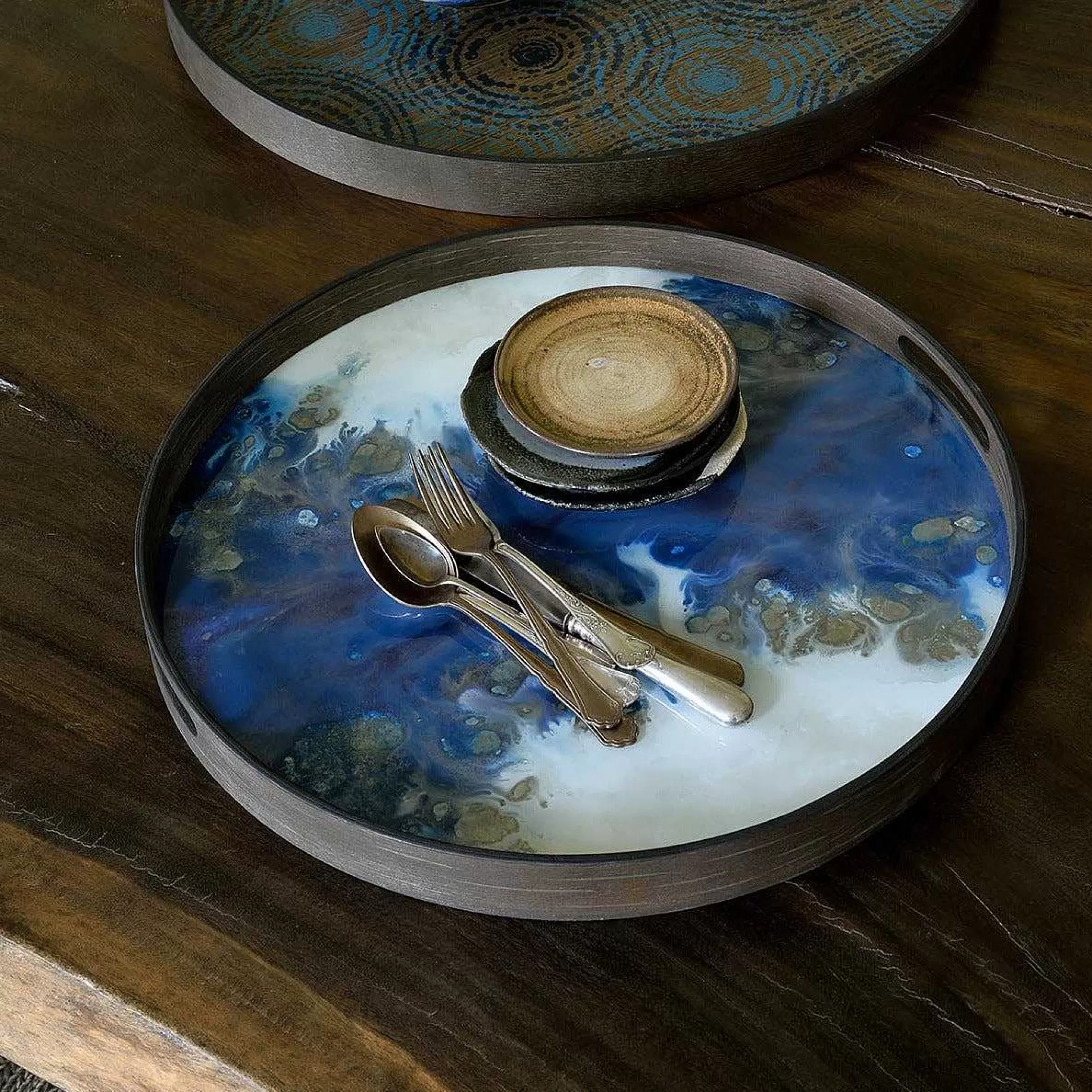 Be Home Trays<Round Glass Organic Tray, Blue Mist