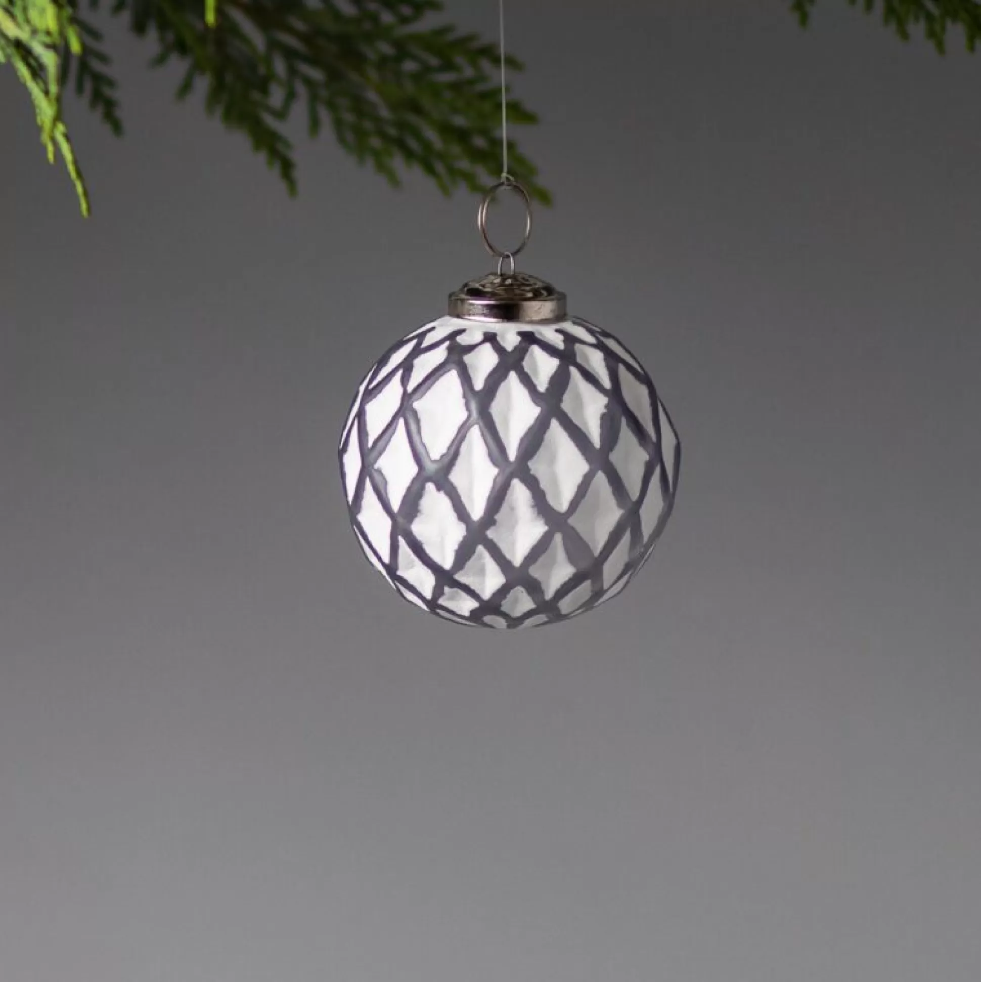 White & Grey Glass Ornament, Lattice Ball^Be Home Store