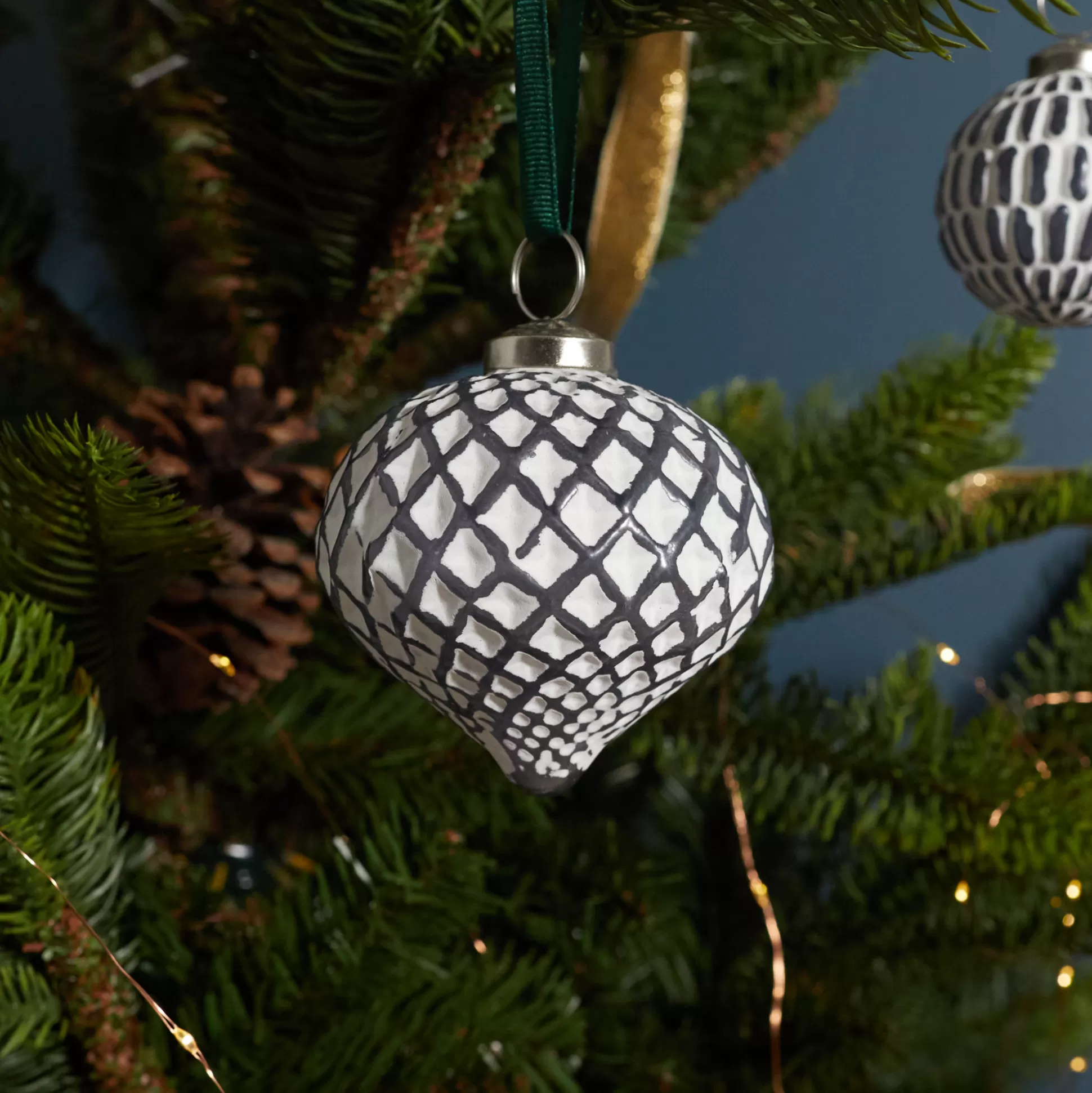 White & Grey Glass Ornament, Lattice Drop^Be Home Best